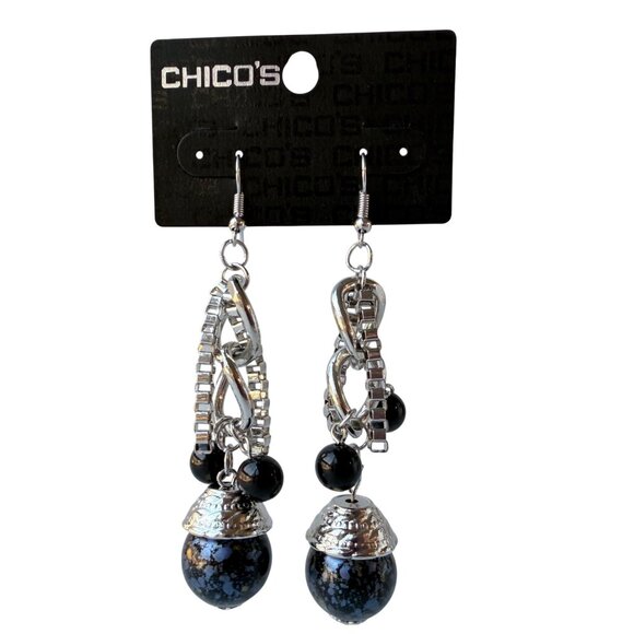 Vintage Chico’s Y2K Silver Chain Drop Earrings With Black Beaded Accents - Picture 2 of 5